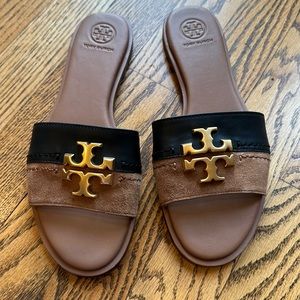 Tory Burch black leather/brown suede sandals